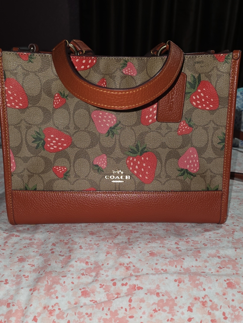 COACH Brown Signature Strawberries Leather-Trim Satchel